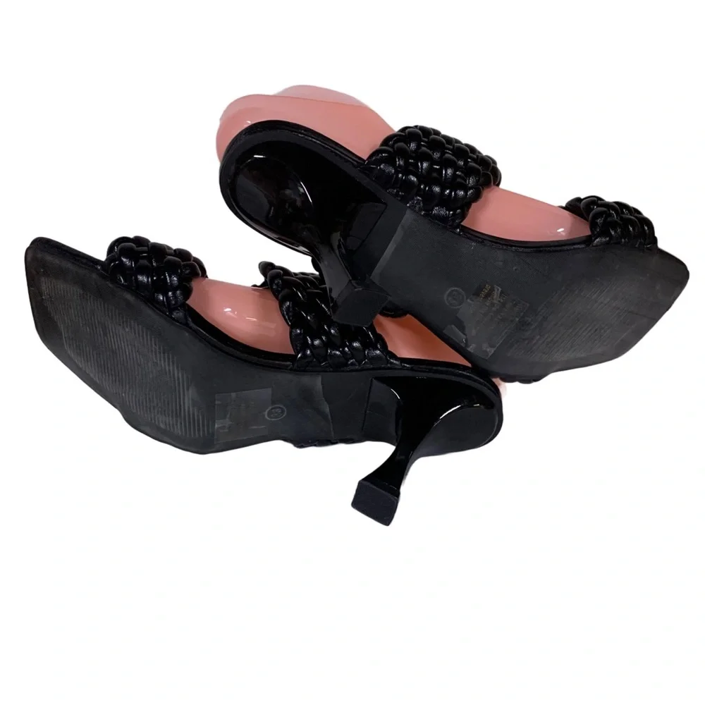 WSKEISP BLACK FAUX LEATHER BRAIDED STRAPS SQUARE HEEL MULES (38)
